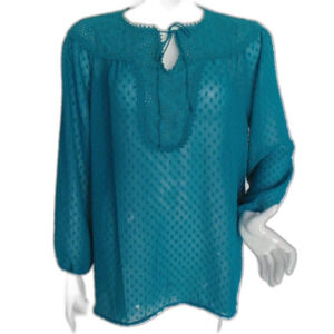 MATILDA JANE Tunic, L, Teal, Swiss Dots, Eyelet Yoke, Long sleeves, Tie neck
